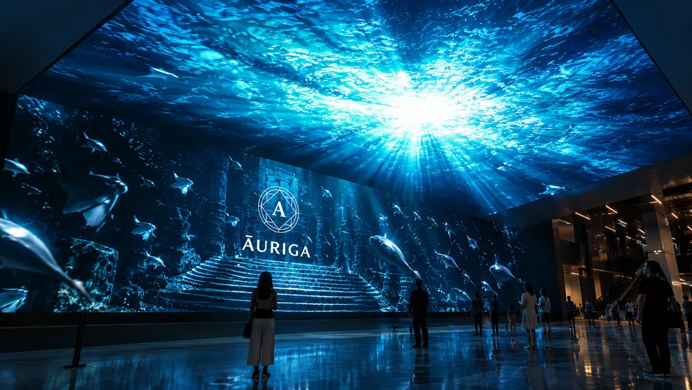 Pantallas LED con una escena submarina y el logo Āuriga, con visitantes observando