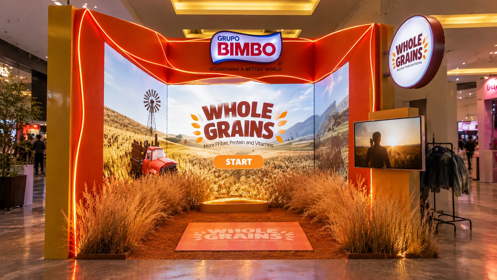 Módulo Whole Grains de Grupo Bimbo con pantalla LED envolvente de un campo de trigo, plantas secas e iluminación naranja en un centro comercial