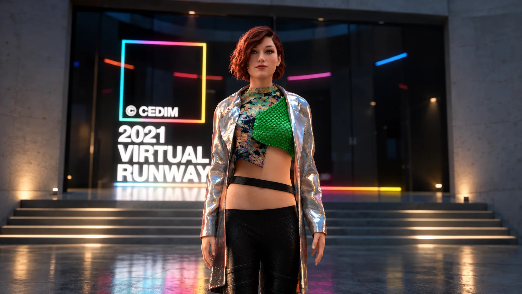 Avatar 3D con abrigo metalizado frente al letrero CEDIM 2021 Virtual Runway
