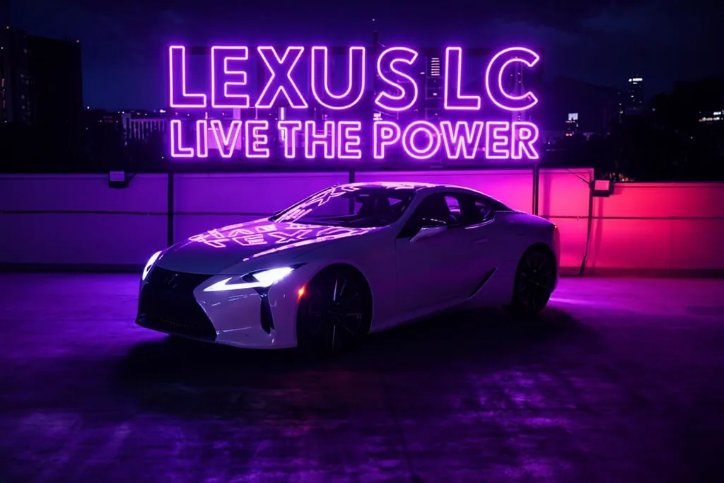 Lexus LC con letrero de neón "Lexus LC Live the Power" en una azotea de noche
