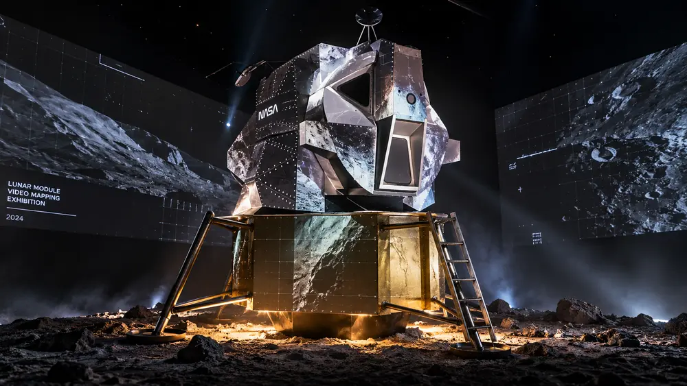 Módulo lunar con videomapping, rodeado de pantallas con superficie lunar